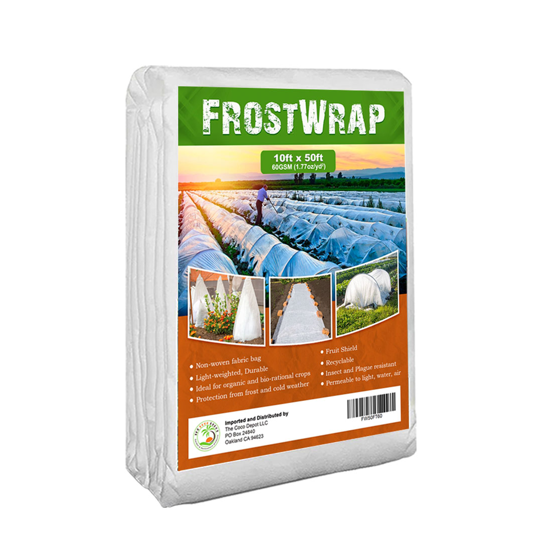 FrostWrap, Freeze Protection Plant Cover - 1.77oz/yd2 (60 GSM) of Fabric Non-woven 10ft x 50ft Reusable Garden Floating Row for vegetables, fruit, tree, plants Sun-Pest protection. - The Barnyard Supply Co